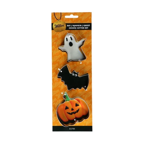 Wilton Halloween süteménykiszúró szett – szellem, denevér és tök alakú fém kekszformák narancssárga csomagolásban